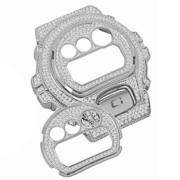 14K White Gold Finish Face Plate   Bezel   G Button 3 Piece Combo Set G-Shock DW6900 4.50 Cwt. Simulated Diamond Watch Custom Insert Cover Case