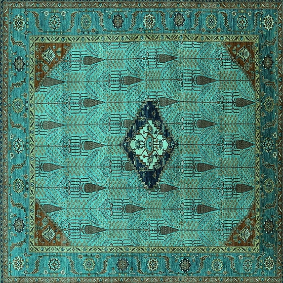 Ahgly Company Machine Washable Indoor Square Oriental Turquoise Blue Industrial Area Rugs, 5' Square