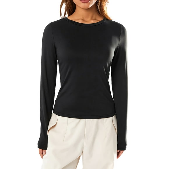 Womens Spring Autumn Slim Tops Solid Color Long Sleeve Round Neck Streetwear Blouse