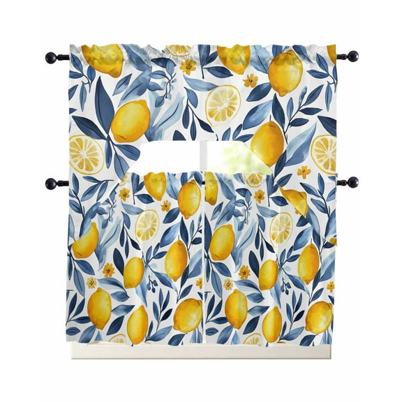 Yellow Lemon Kitchen Curtains Sets 36 Inch Length with Valance, Blue Flower Leaves Spring Summer Plant Swag Valances and Tiers Curtain Set Drapes Swag Curtains for Living Room, Bathroom, Bedroom