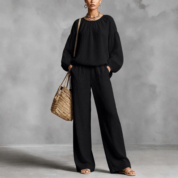 Mifsaly 2 Piece Linen Set for Women Crewneck Balloon Sleeve Tops and Lounge Trousers Trendy Going Out Travel Airport Vacation Matching Outfits
