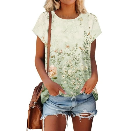 Womens Tops  Short Sleeve T Shirts Round Neck Cute Tunic Tops Basic Tees Blouses Loose Fit Pullover Summer Tops Women Plus Size Tops Length Green Tops Tunic Top Corset Tops (M  Green) ZMTing