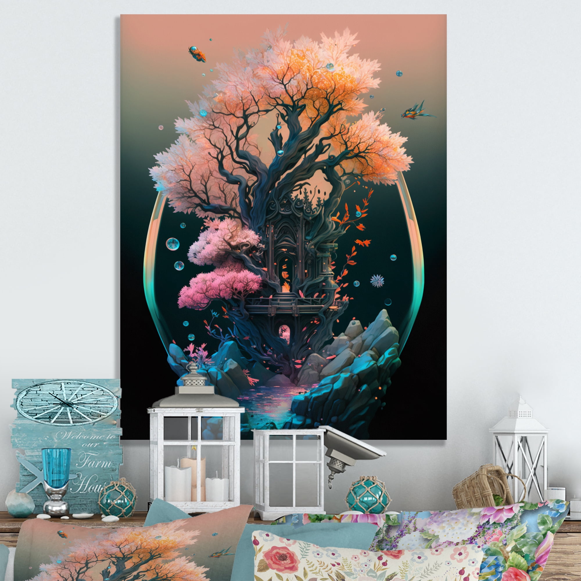 Designart Hexagon Cherry Blossum Island II Canvas Wall Art