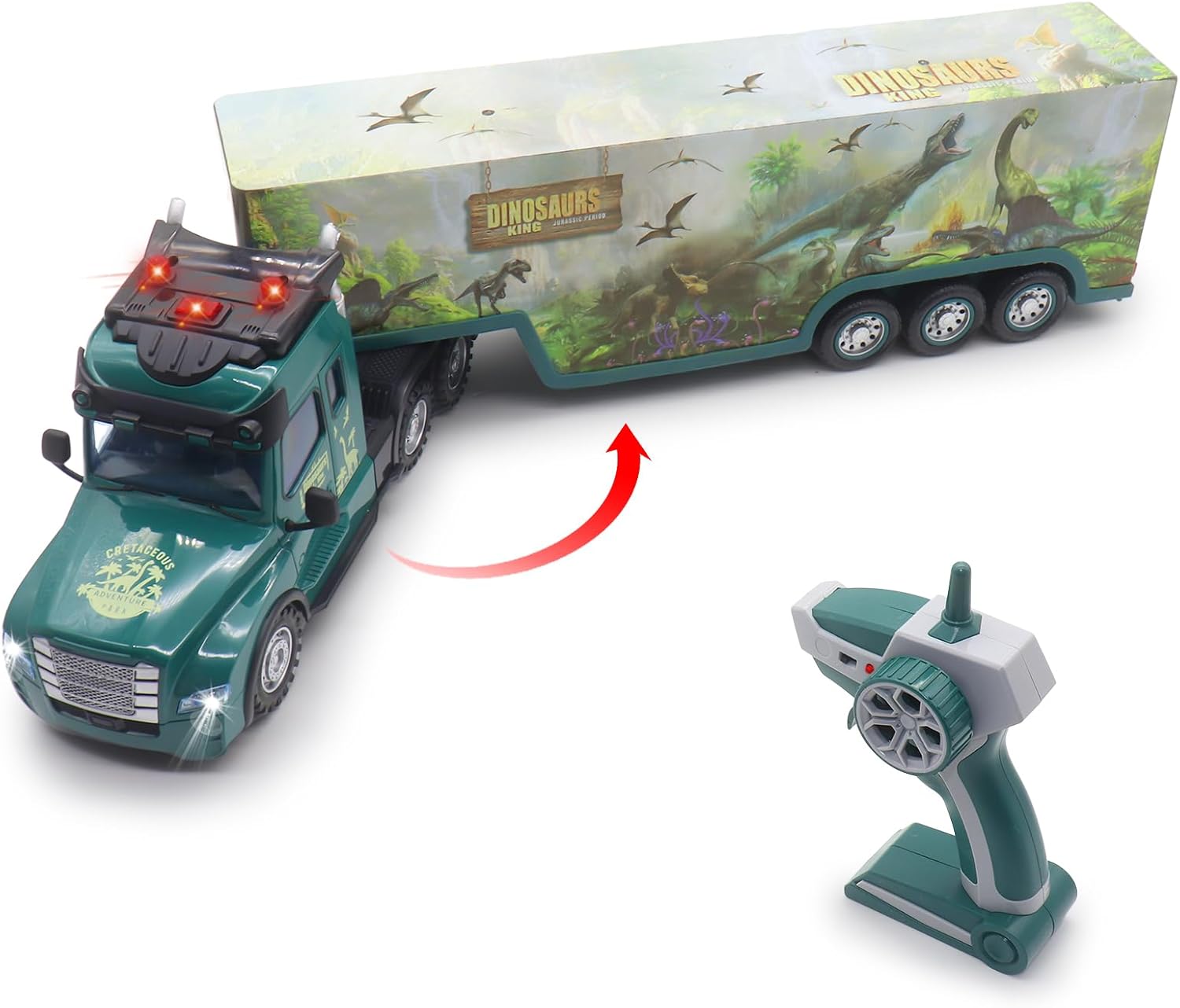 RC Semi Truck with Trailer, 2.4Ghz Dinosaur Container Truck with LED Lights & Music, Carrier Van Transport Vehicle with 2 Rechargeable Batteries Toy Gift for Kids 6+