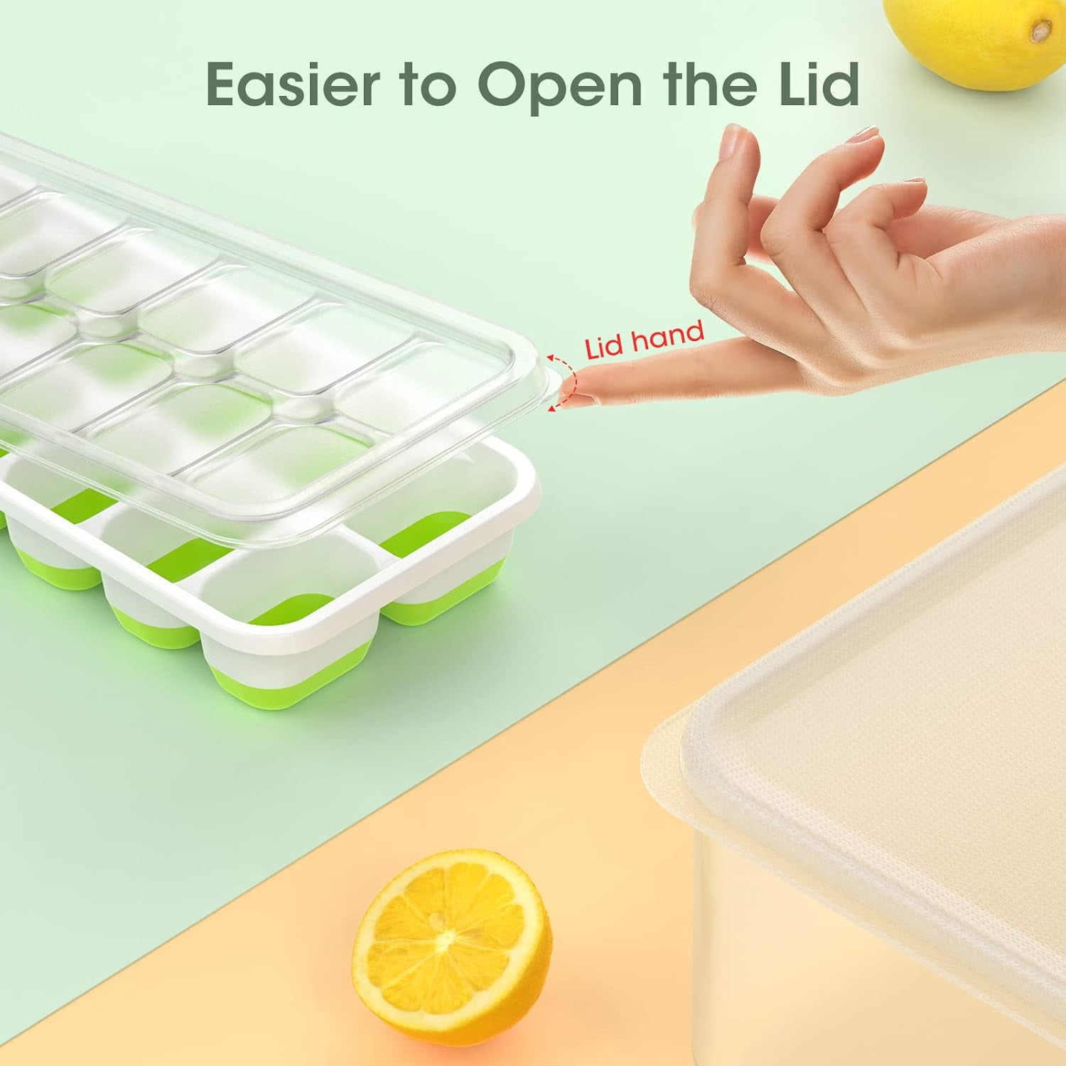 Ice Cube Tray with Lid and Bin, 4 Pack Silicone Plastic Ice Cube Trays for Freezer with Ice Box, Ice Trays with Ice Container, Stackable Ice Tray with Storage Ice Bucket Kits,Ice Tong,Ice Scoop