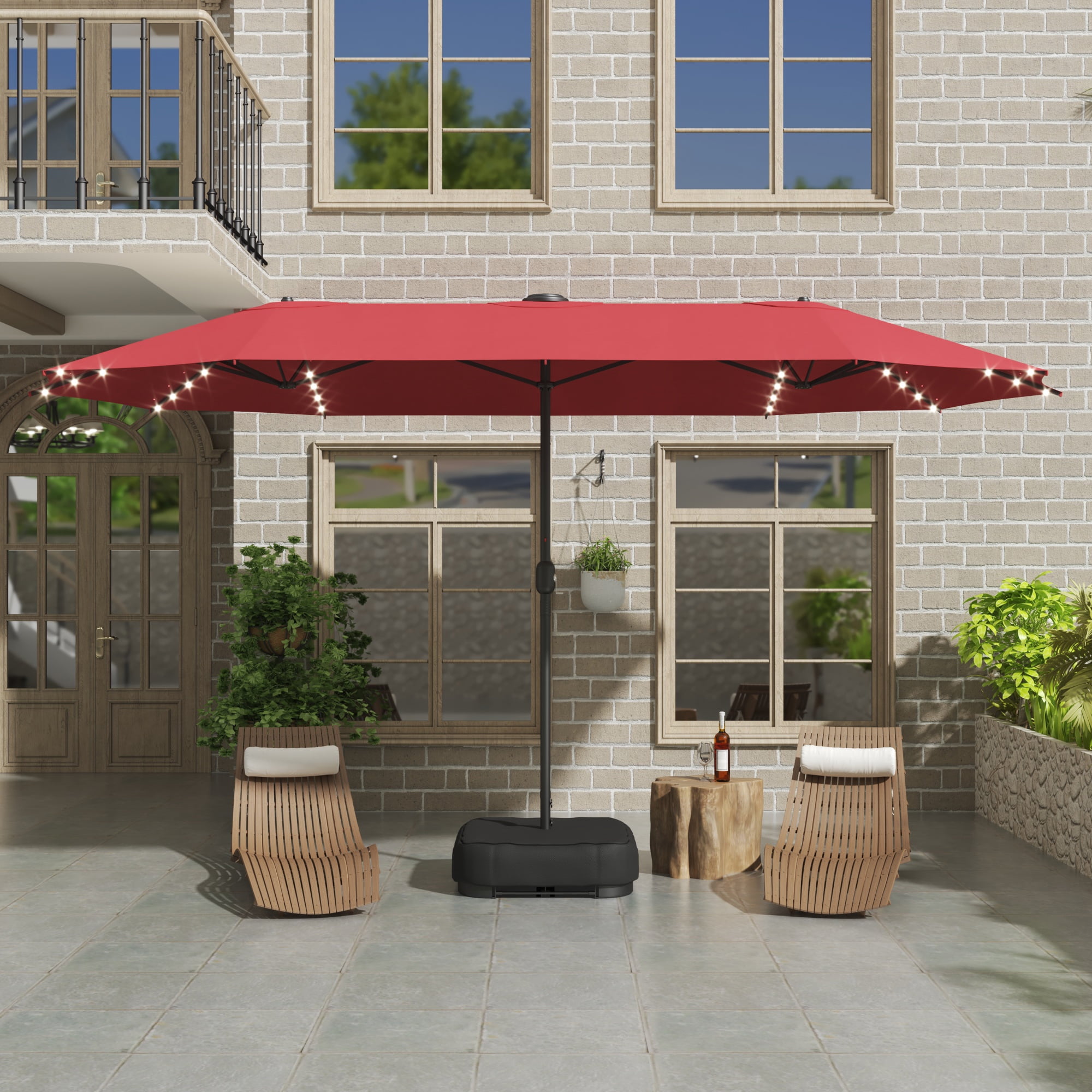 HARBOURSIDE Solar-Powered Double-Sided 15 ft Outdoor Patio Umbrella with 144 LED Lights, Includes Sandbag Base & Protective Cover,Red