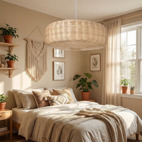 LittleGlovo Woven Rattan Hanging Lamp Countryside Style Pendant Lighting