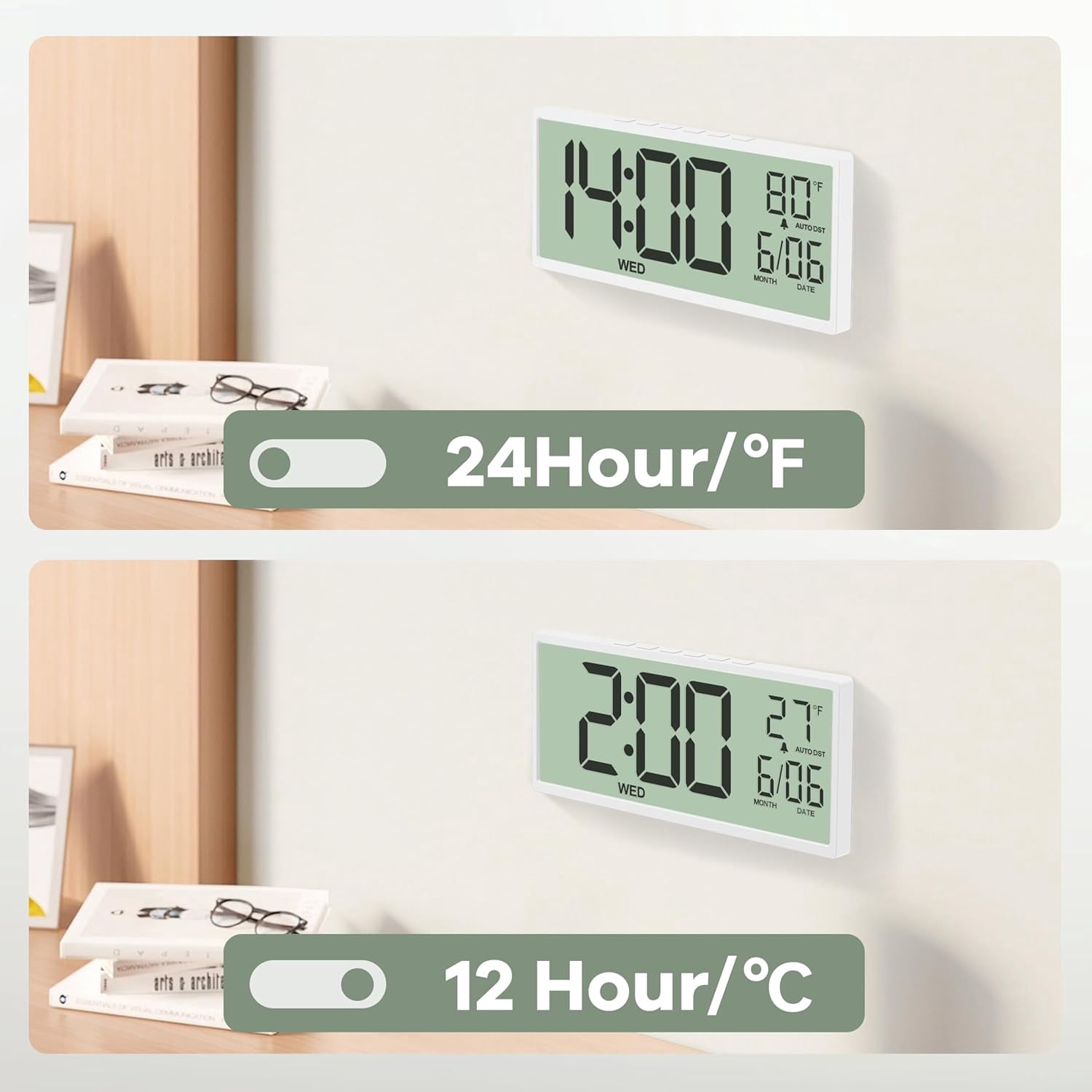 LEIKE 15" Digital Wall Clock Battery Operated Large Display with Date and Day of Week, Large Number with Temperature, Auto DST, Alarm, Snooze, 12/24H for Desk Office
