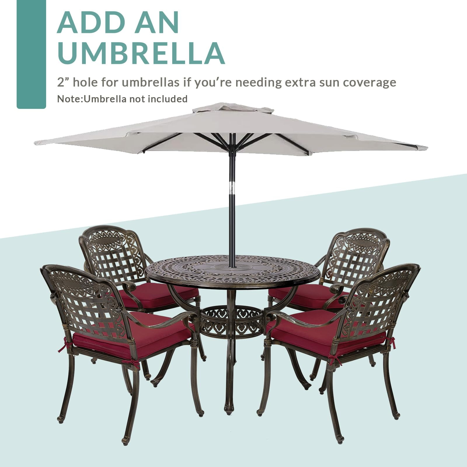 MEETWARM 5 Piece Patio Dining Set, Outdoor All-Weather Cast Aluminum Dining Table Set, Patio Furniture Set for Backyard Garden Deck, Include 4 Chairs, 4 Cushions and 1 Round Table, Chili Red