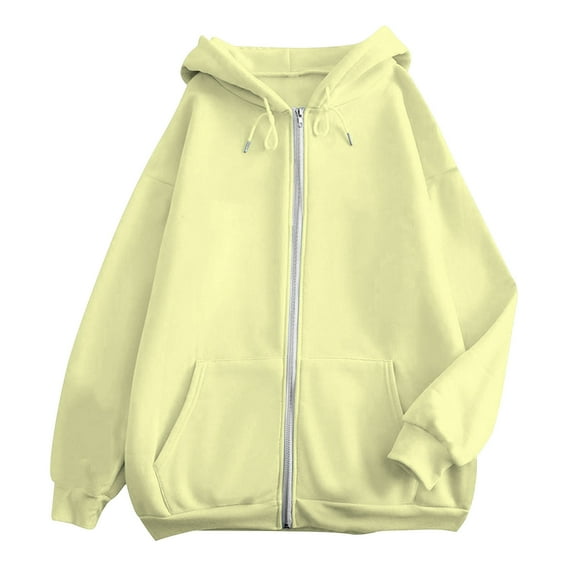 GPOECD Plus Size Womens Zipper Hoodie with Side Pocket Solid Color Pullover Long Sleeve Casual loose Fit Sweatshirt for Women Z8292-Light Yellow,XL