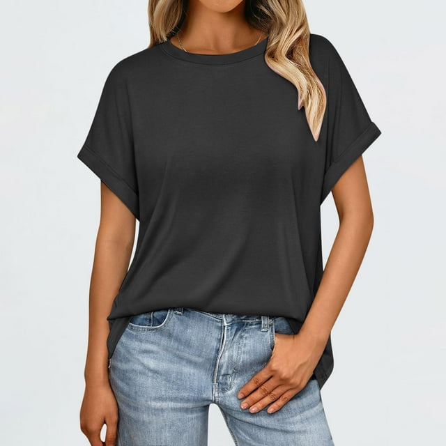 Liquidation à Moins de 6! Hauts de Printemps Décontractés à Manches Courtes et Col Rond pour Femmes Sevevn, Couleur Unie, Noir, TG