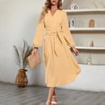 thumbnail image 3 of Vestido midi de rayas con escote en V para mujer, manga larga, holgado, informal, con lazo en la cintura, vestidos camiseros largos, 3 of 6