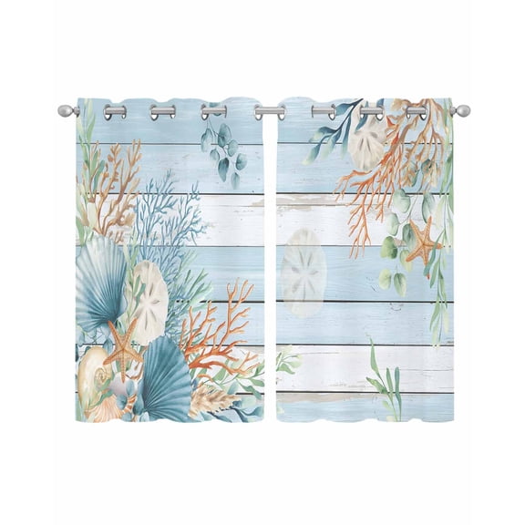 Blue Beach Coastal Sheer Curtains 54 Inch Length 2 Panels Set for Living Room/Bedroom, Summer Nautical Coral Shell Botanical Vintage Kitchen Curtains Grommet Curtains Window Treatments 42"x54"x2