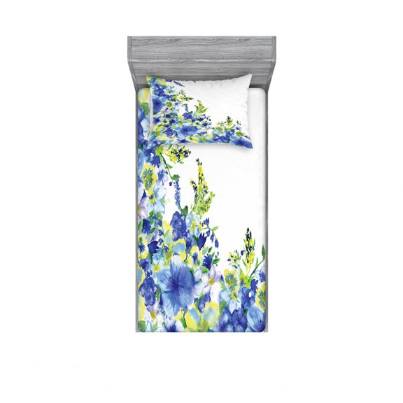 Watercolor Flower Bedding Set with Sheet & Covers, Motley Floret Motifs with Splash Anemone Iris Revival of Nature Theme, Printed Bedroom Decor 2 Shams, 4 Sizes, Blue Yellow, by Ambesonne