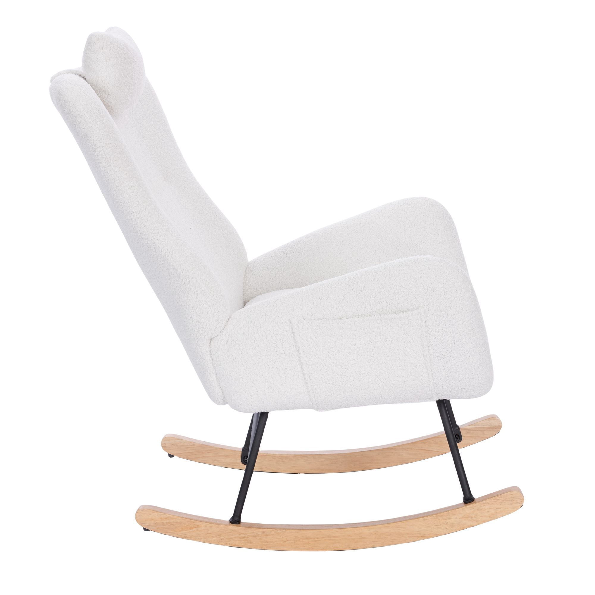 Upholstered Rocking Chair, Teddy Fabric Glider Rocker with High Backrest,Modern Rocking Accent Chair for Living Room, Nursery, Bedroom, White