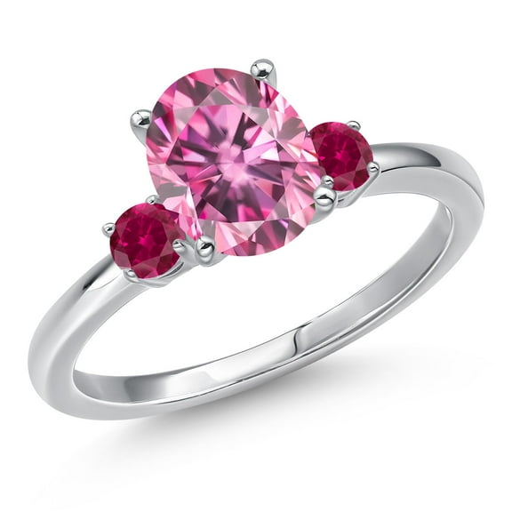 Gem Stone King 14K White Gold Pink Moissanite and Red Created Ruby Engagement Ring for Women | 2.28 Cttw | Oval 9X7MM | Gemstone Birthstone | Size 8