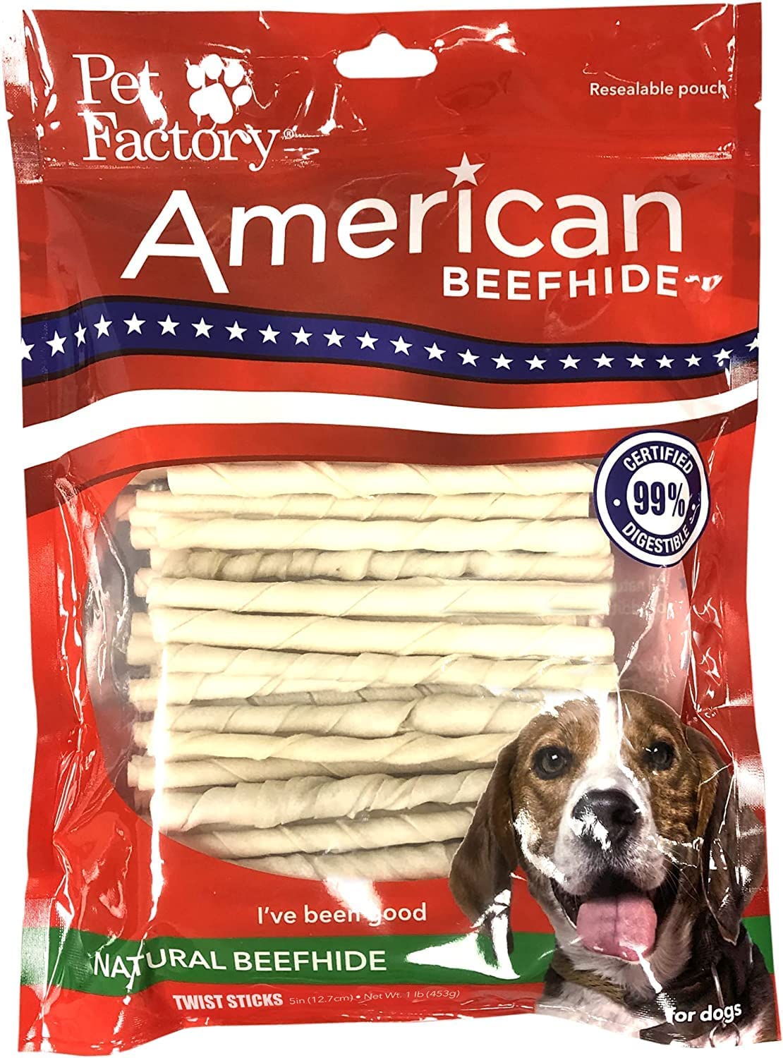 Pet Factory American Beefhide 5" Twist Sticks Dog Chew Treats Natural Flavor, 1 lb Twist