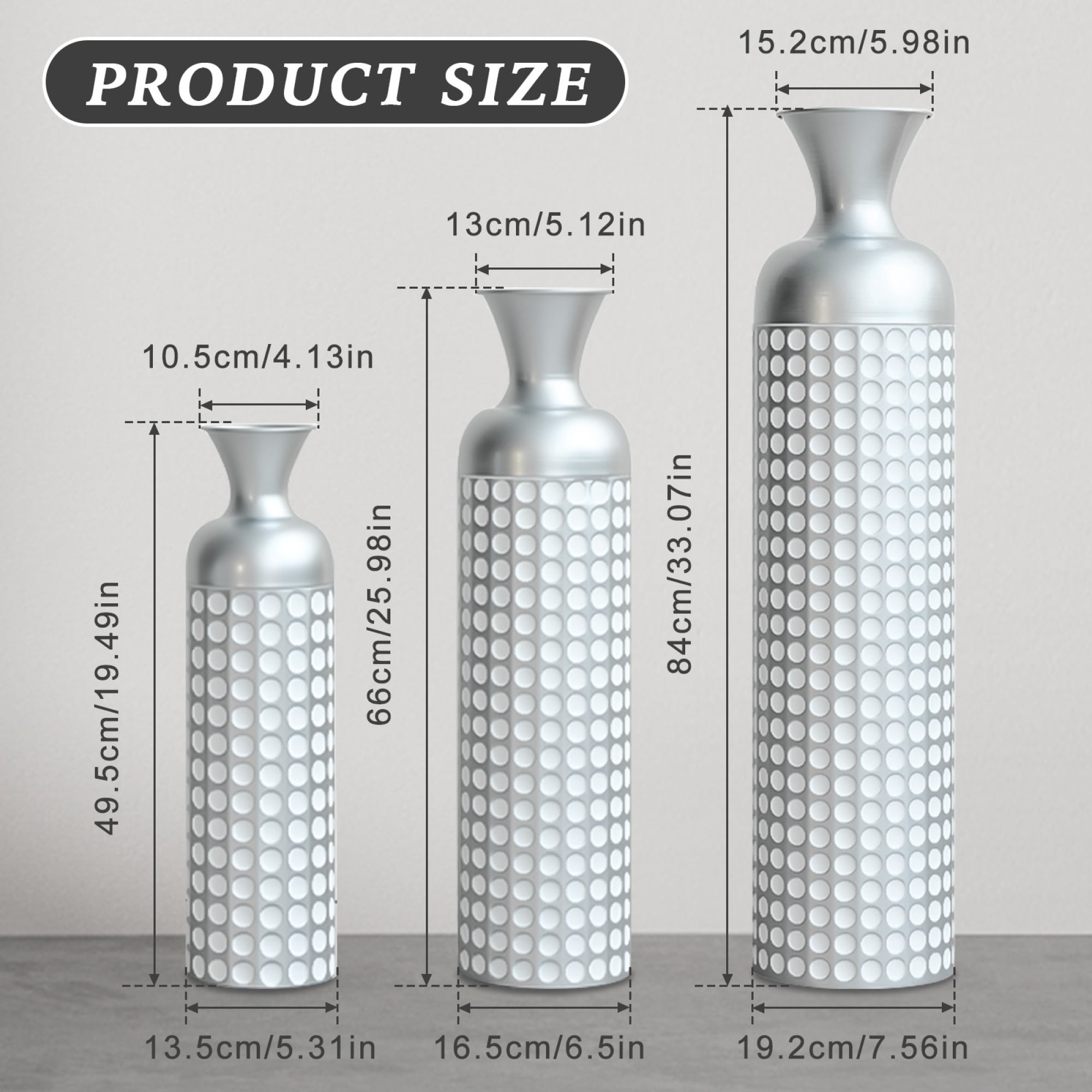 Leumius 3 Pack Silver Metal Vase Set, Tall Embossed Nested Vases, Semi-Handcrafted Decorative Centerpieces for Home Living Room Floor Fireplace