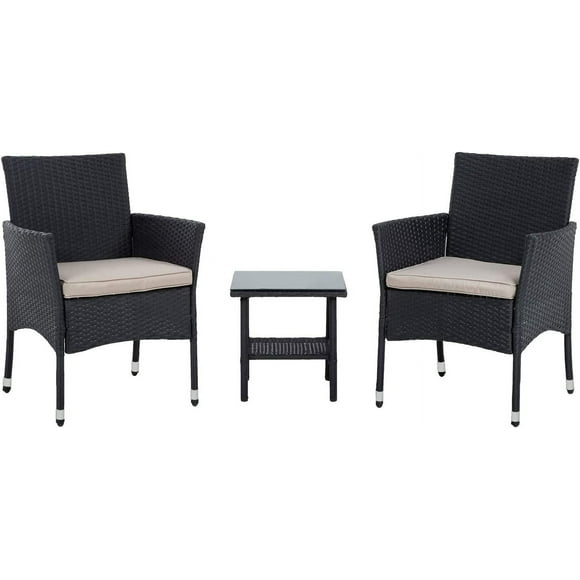 FDW 3-Piece Wicker Patio Furniture Set, Outdoor Rattan Chairs and Bistro Table, Garden Conversation Set, Black