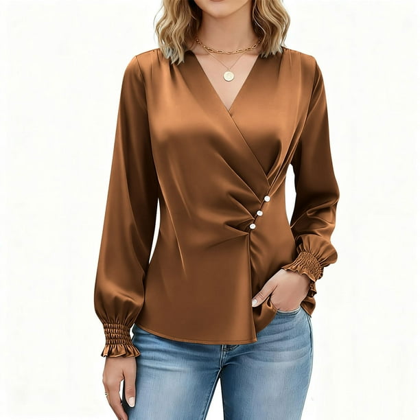 Ounisa Womens Business Casual Blouses Dressy Work Tops Fall Fashion 2025 V Neck Pleated Long Sleeve Shirts