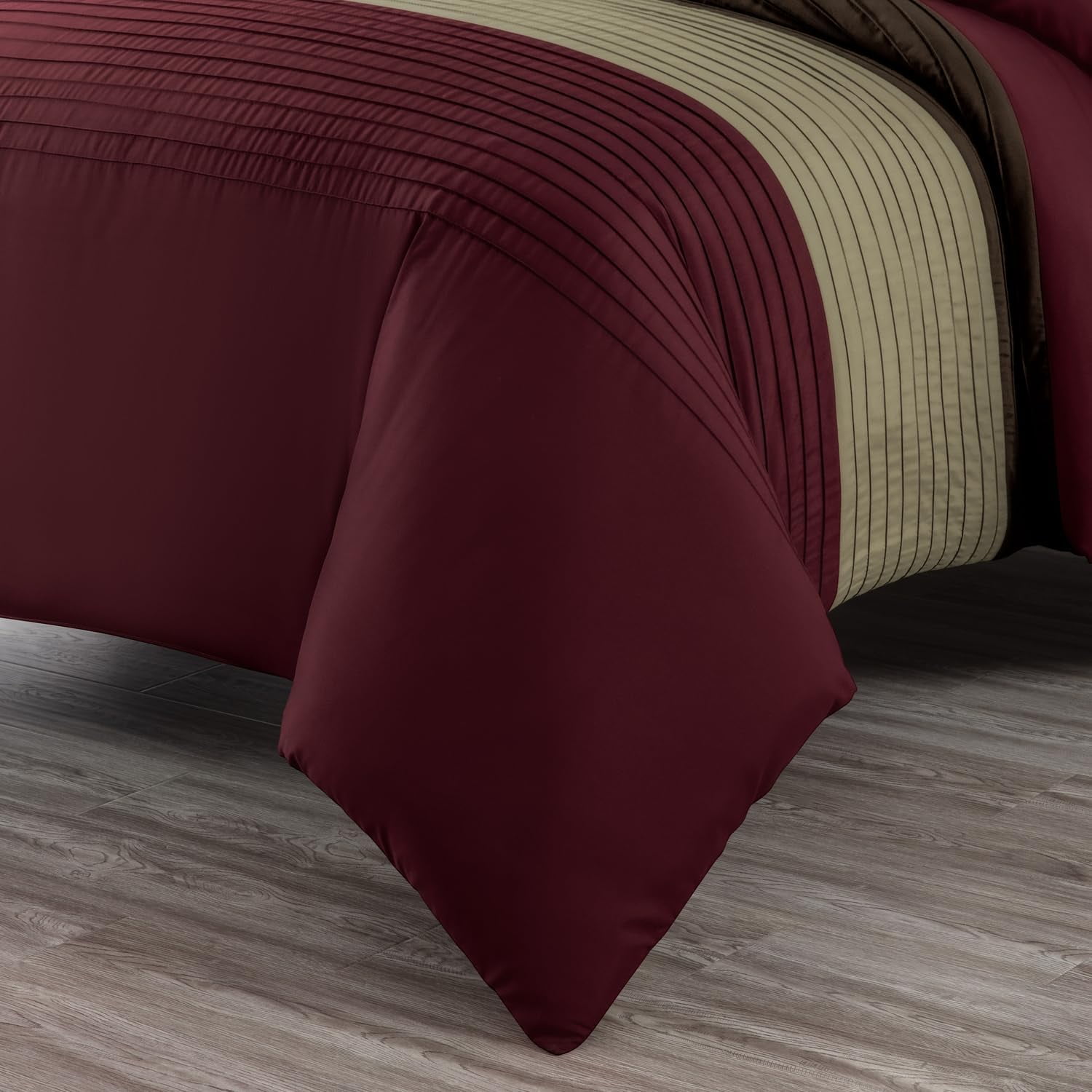 Chezmoi Collection Briar 7-Piece King Bed in a Bag Comforter Set with Sheets - Lightweight Comforter Burgundy Coffee Brown Luxury Pleated Stripe Bedding Set for All Season
