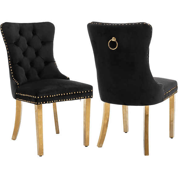 LegaHome Dining Chairs Set of 2, Modern Upholstered Velvet Dining Room Chairs with Nailhead Trim and Golden Stainless Steel Plating Solid Wood Legs, Tufted Button Padded Chairs Set for Kitchen, Black