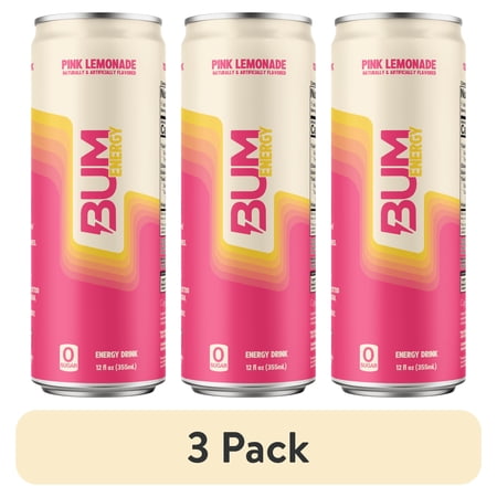 (3 pack) Bum Energy Pink Lemonade Energy Drink, 112 mg Natural Caffeine, 12 fl oz Can