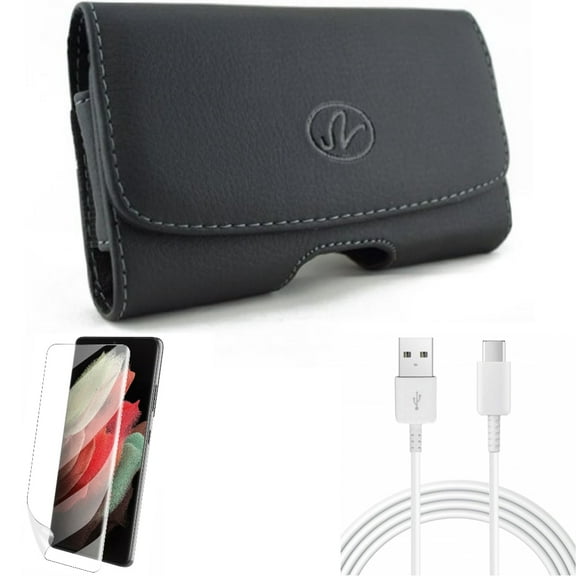 Case Belt Clip w 10ft USB-C Cable w Matte Screen Protector for Samsung Galaxy S21 Plus - Leather Swivel, Type-C Charger Cord, TPU Film Anti-Glare Accessory Bundle