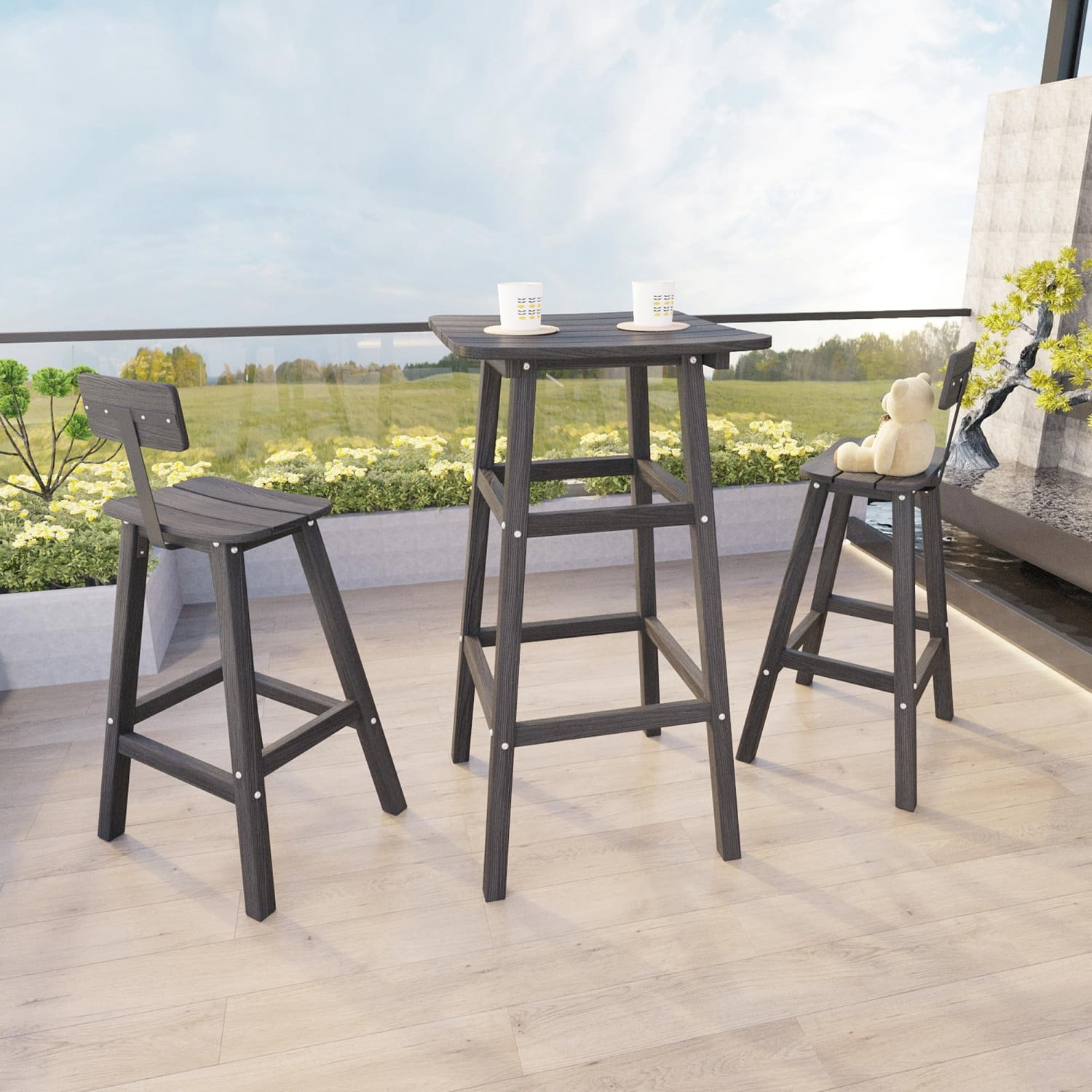 3 Piece Outdoor Counter Height Bar Table Set, 42" Bistro Pub Table with 2 Stools, HDPE Weather Resistant Patio Furniture Set, Gray