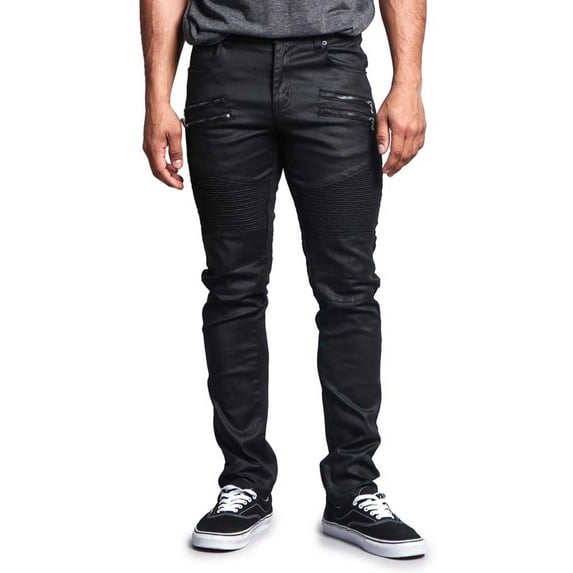 Victorious Men's Coated Slim Fit Moto Pants Biker Jeans - Black - 28/32
