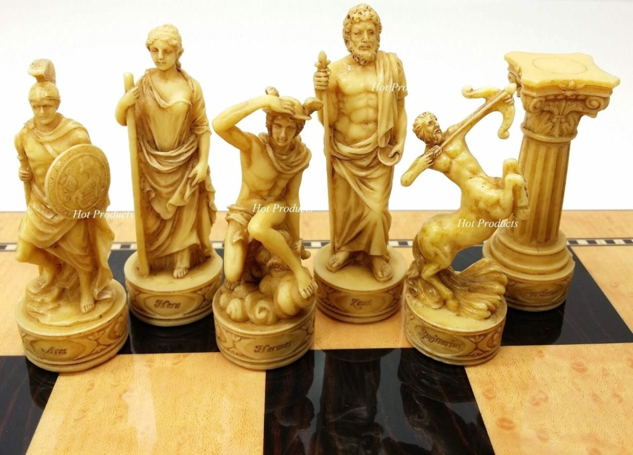 Greek Roman Gods Mythology Chess Set W/ 17" Walnut  Maple Color Storage Board