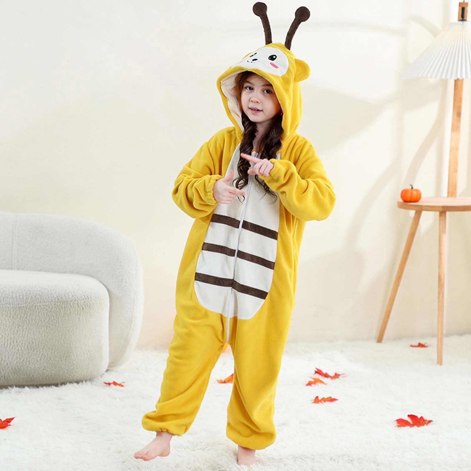 Hrsba Long Sleeved Warm Comfortable Thick Kids Onesie Pajamas Kids Jumpsuit Fleece Hooded Crawling Clothes Romper 3-12 Years Unisex Sleepwear Loungewear Air Conditioner Pajamas