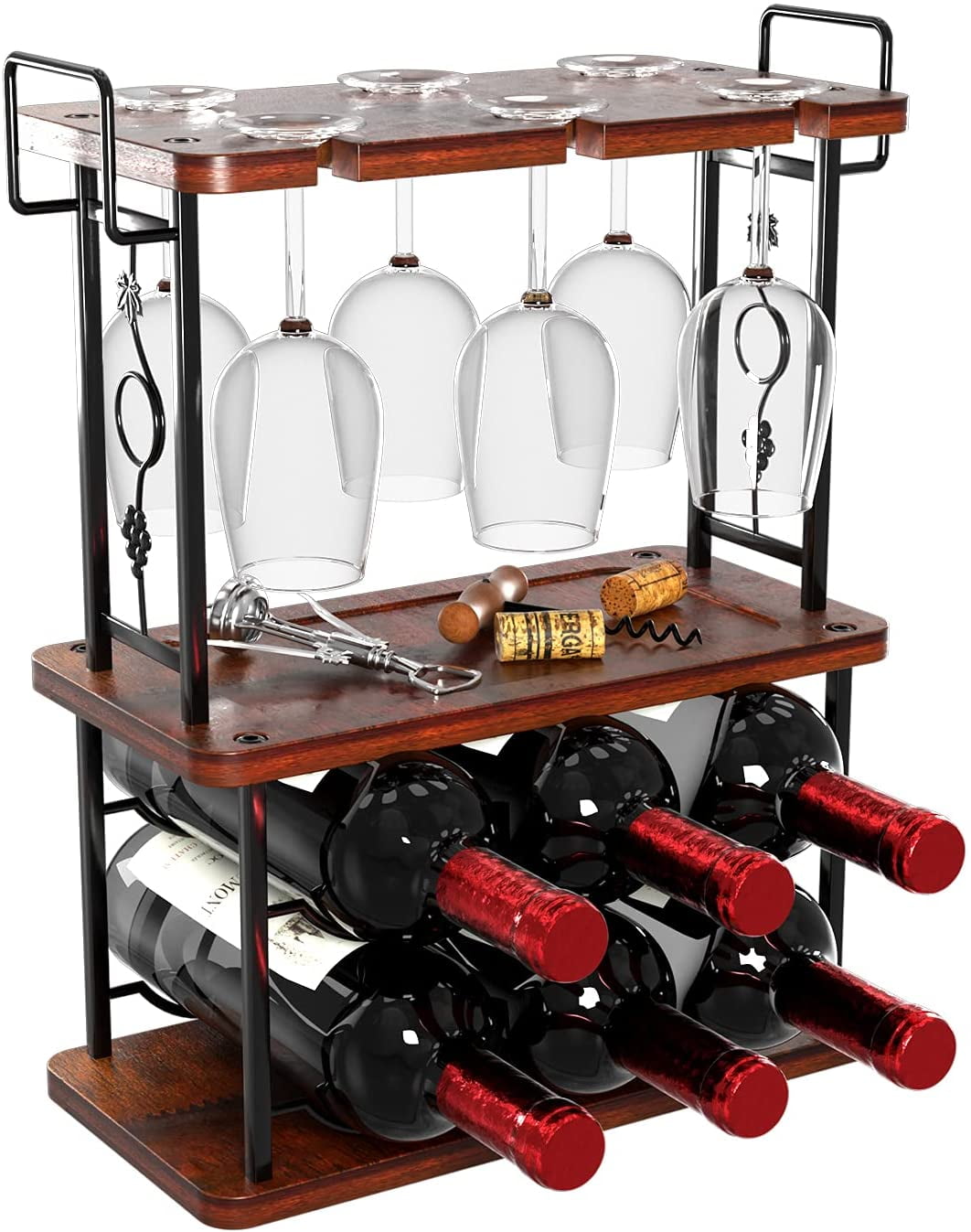 3-Tier Stackable Countertop Wine Rack 6 Bottles Red Wine Holder Shelf Stand with Glass Cups Hanger for Kitchen Dining Room Wine Rack 