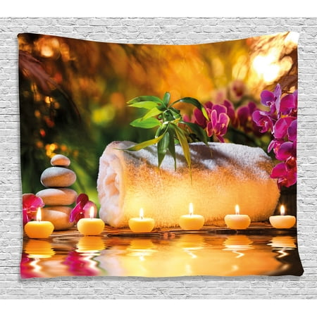Spa Decor Tapestry, Asian Classic Spa Joy in the Garden with Romantic Candles and Orchids, Wall Hanging for Bedroom Living Room Dorm Decor, 60W X 40L Inches, Purple White and Green, by