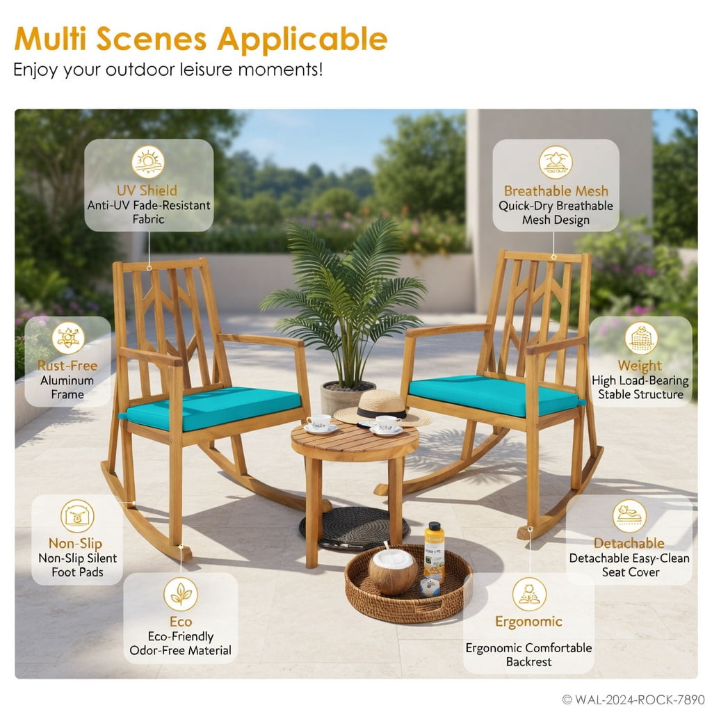 Hommoo Acacia Wood Patio Rocking Chair Sofa with Removable Turquoise Cushion, Outdoor Garden & Deck Rocker for Backyard, Poolside, or Porch, Turquoise