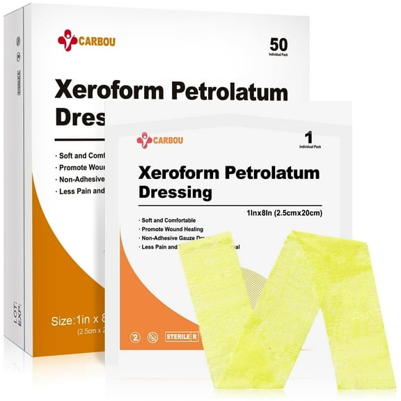 Carbou  Xeroform Petrolatum Dressing 1"x8", 50 Individual Pack, Non-Adherent Gauze Pads