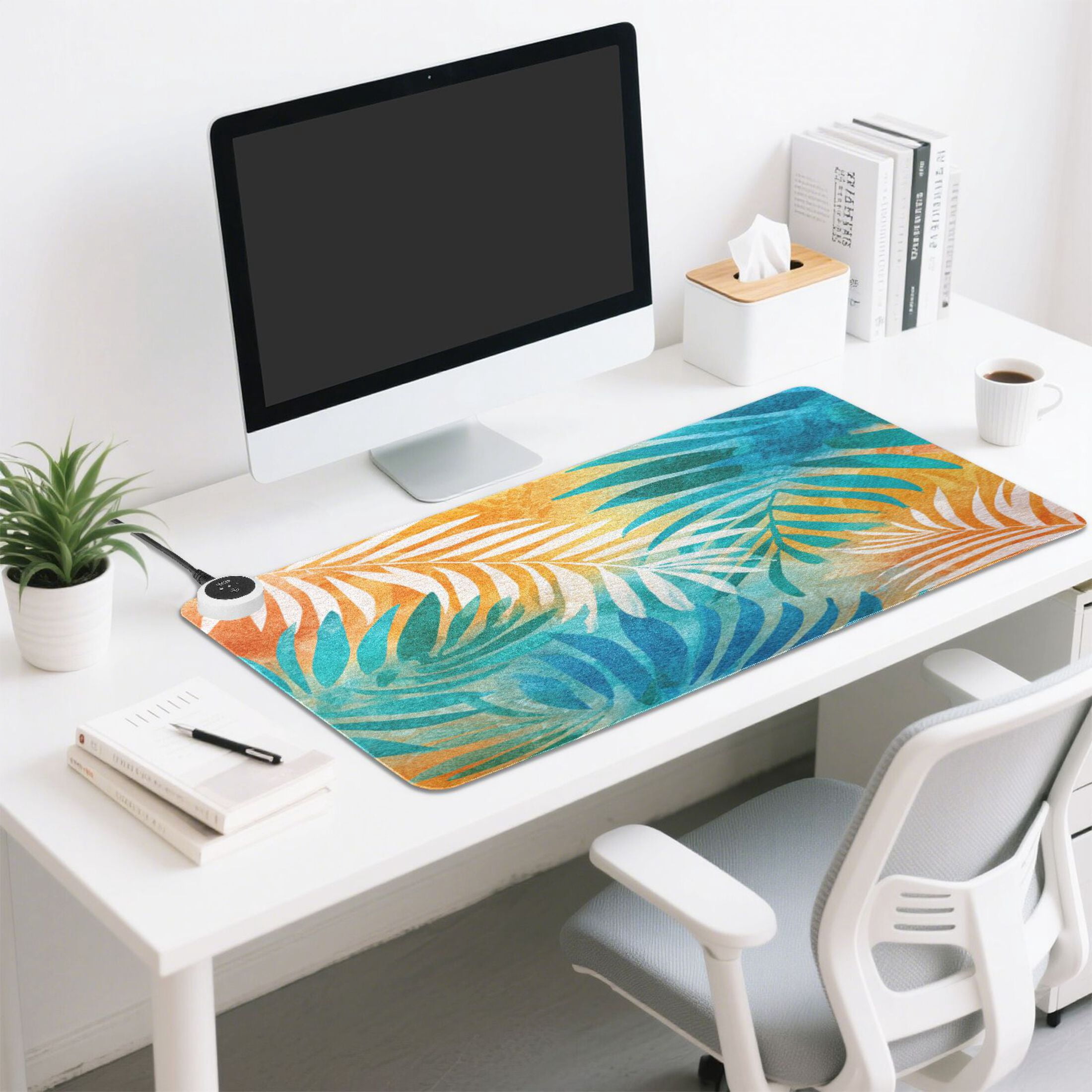 Large Heated Desk Mat Mouse Pad 31.5"x13"PU Leather Graphene Heating Desk Warmer with 3 Temperature Settings 110V US Plug Non-Slip Warm Pad for Home, Office, and Gaming Sunset Tropical Leaf Design