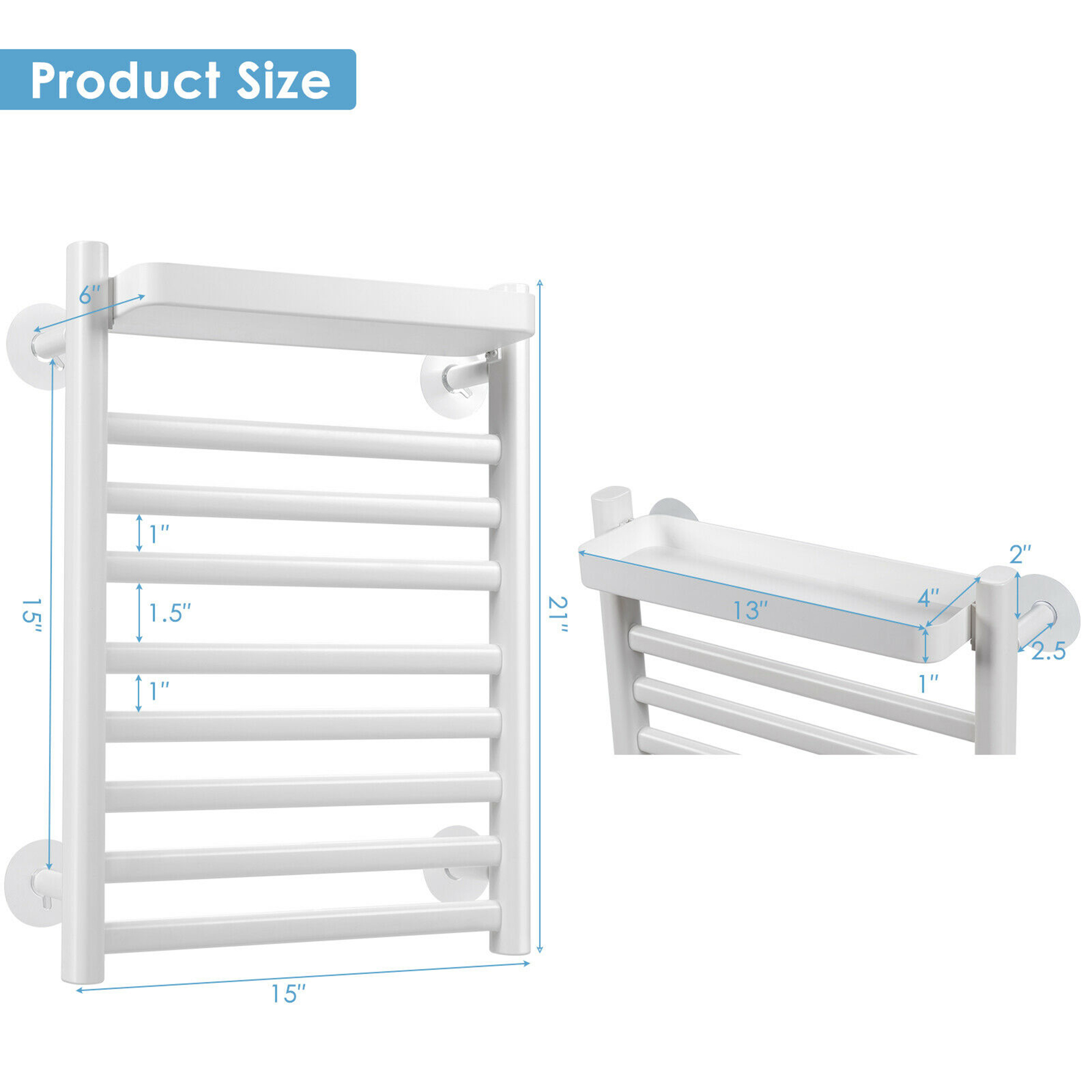 Gymax 8 Bars Wall Mounted Towel Warmer Punch-free Heated Towel Rack w/Top Tray - image 2 of 10