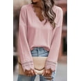 thumbnail image 1 of Women's Pink Ribbed Texture Lace Trim V Neck Long Sleeve Top, 1 of 5
