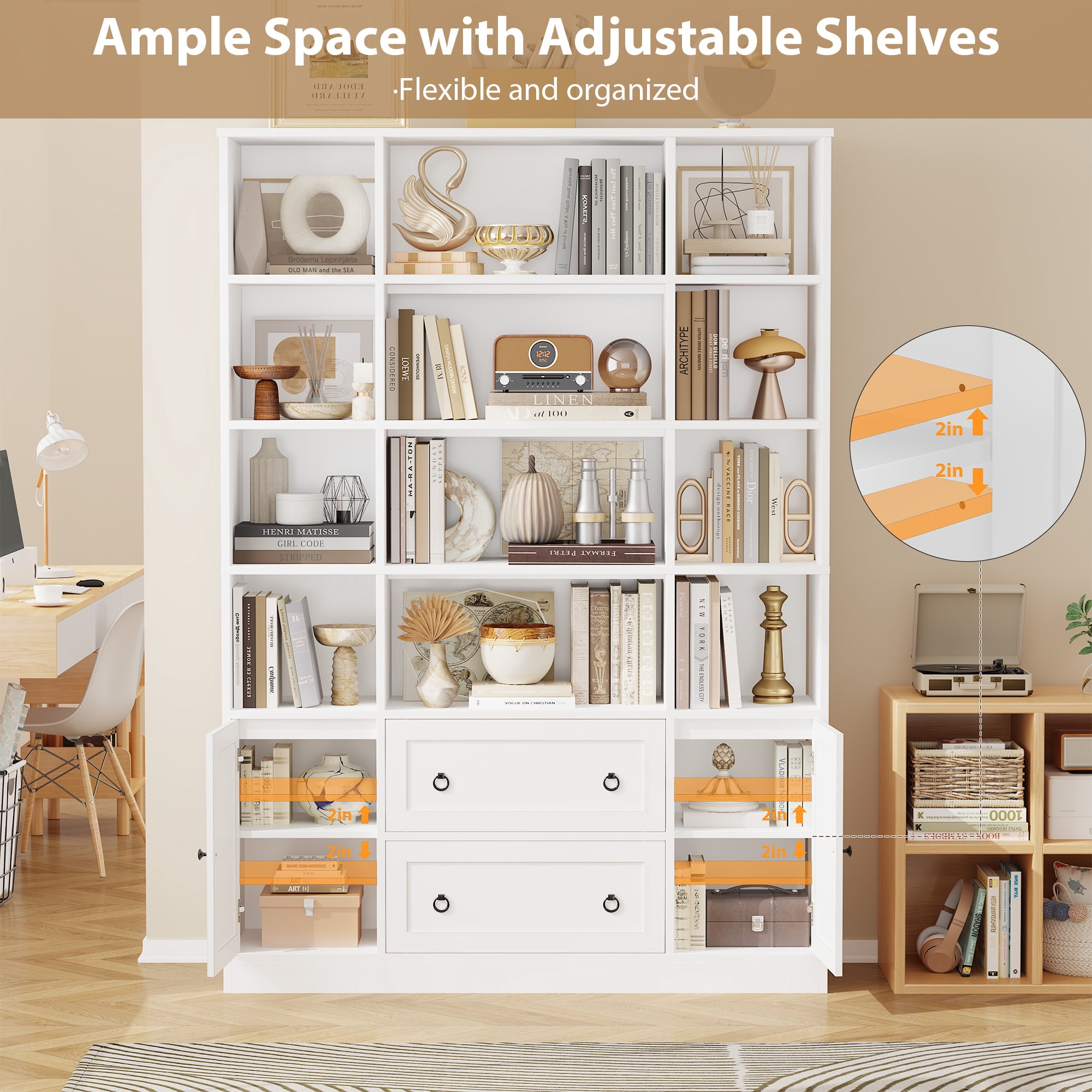 Homfa 71″ Tall Bookcases with Storage Drawers & Doors, 12 Cubes 4-Tier Triple Row Bookshelf, White Bookcase for Living Room Home Office