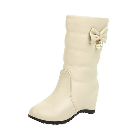 

TTQLVZJGSE Women s Business Casual Shoes with Heel Ladies Solid Color Bow Pearl Decoive Wedge Heel Mid Boots Boots Round Toe Beige-36