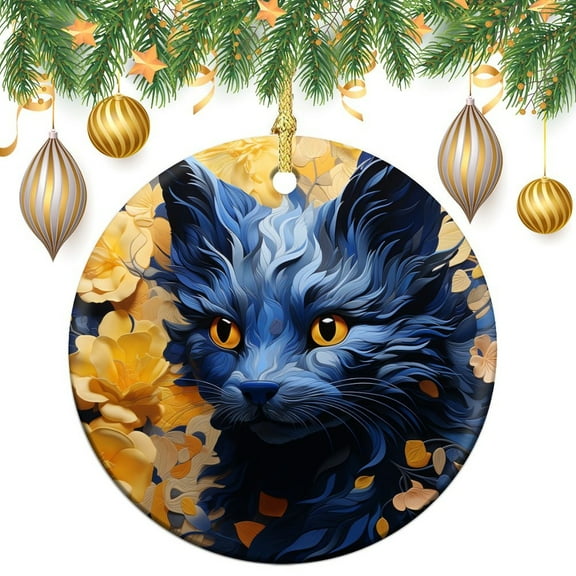 Ornament Cat Pet Lover Double-Sided Ceramics Ornaments Blue Cat In Bloom Christmas Home Office Tree Decorations Gifts Keepsake for Family
