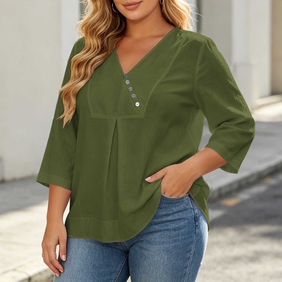 ClodeEU Women's V Neck 3/4 Flared Bell Sleeve Pleated Tunic Blouse,Casual Loose Plus Size Top Army Green,Women's Plus L