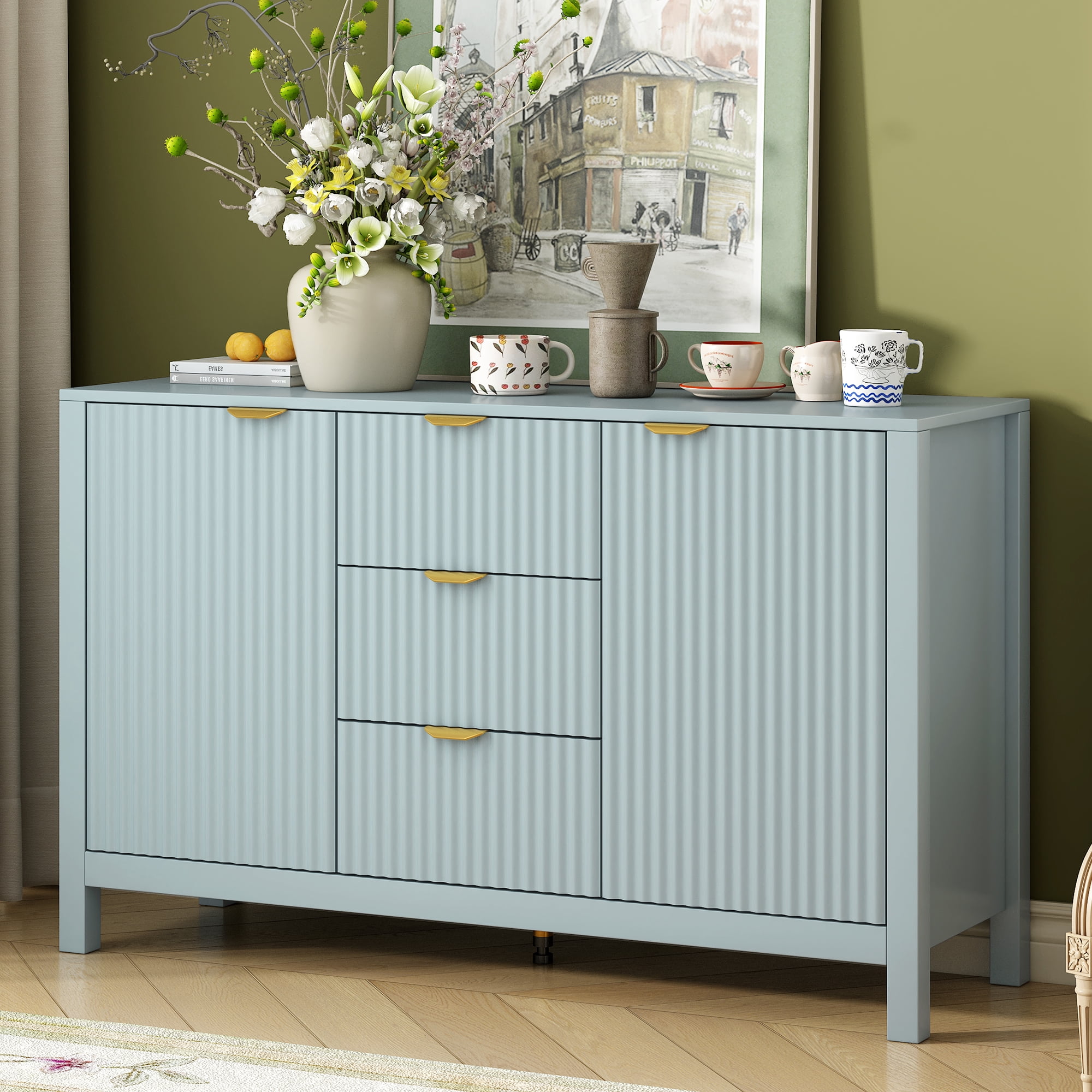 Euroco Sideboard Buffet Cabinet,47" Storage Cabinet with Adjustable Shelves,Metal Handles,3 Drawers and 2 Doors,Wood Console Table for Study,Hallway and Living Room,Cyan