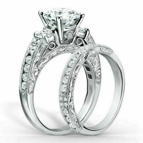 Filigree Bridal Set Wedding Proposal Ring For Women's 1.9 Ct Diamond 14K White Gold Over