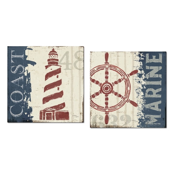 Red, Cream and Blue Nautical Coast and Marine Captain's Wheel and Lighthoue Set by Wellington Studios; Two 12x12in Unframed Paper Prints