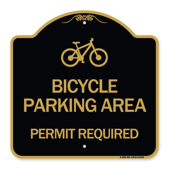 SignMission A-DES-BG-1818-24324 18 x 18 in. Designer Series Sign - Bicycle Parking Area - Permit Required with Graphic, Black & Gold