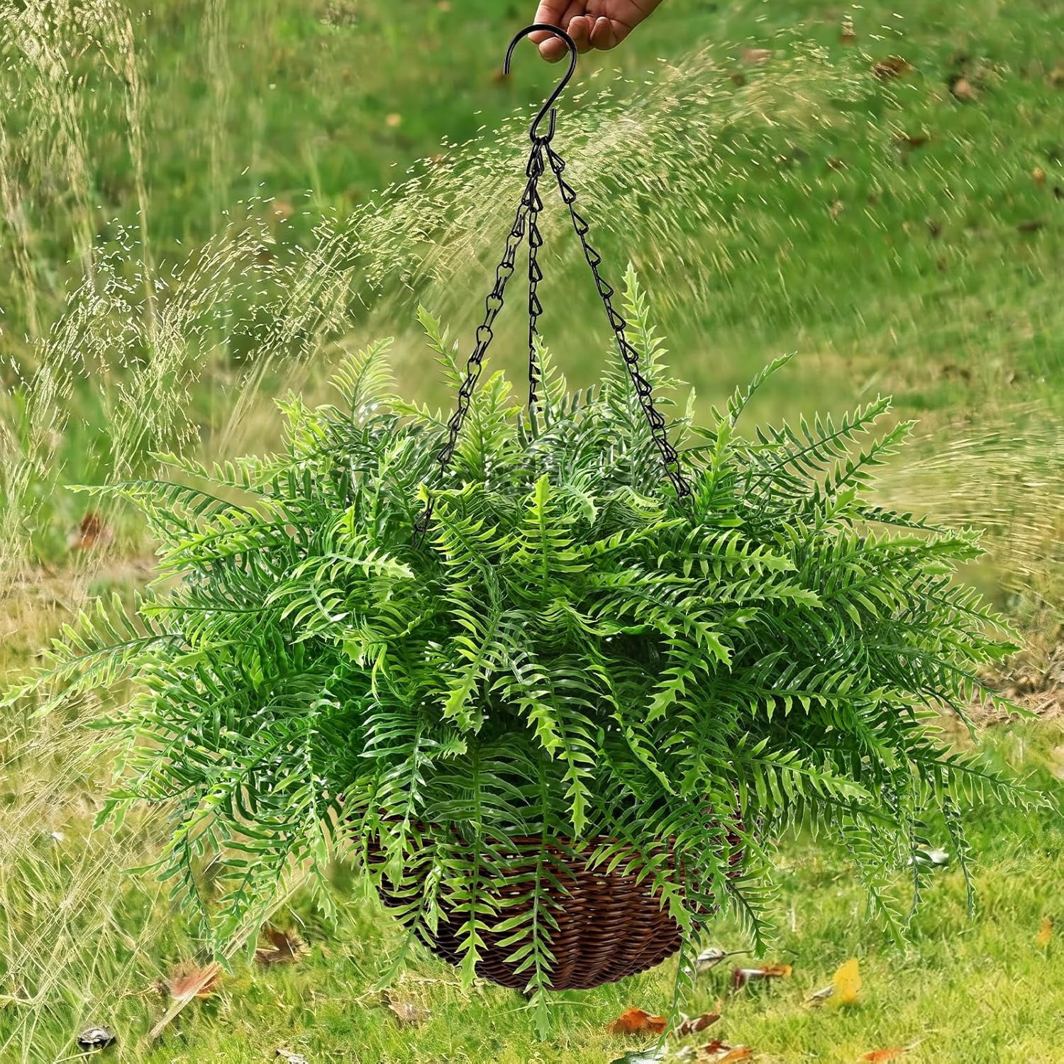 Yastouay Artificial Hanging Ferns Fake Boston Ferns with Basket Outdoor Faux Plants for Home Garden Porch Decor,2 Pcs