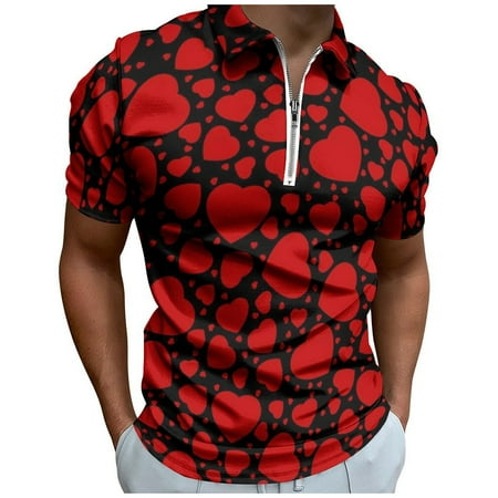 ZHOUCHANKIDS Mens Valentine s Day T-Shirt Men s Casual Fashion Shirt with 3D Digital Heart Print and Lapel Zipper Design for Stylish Comfort Red XS