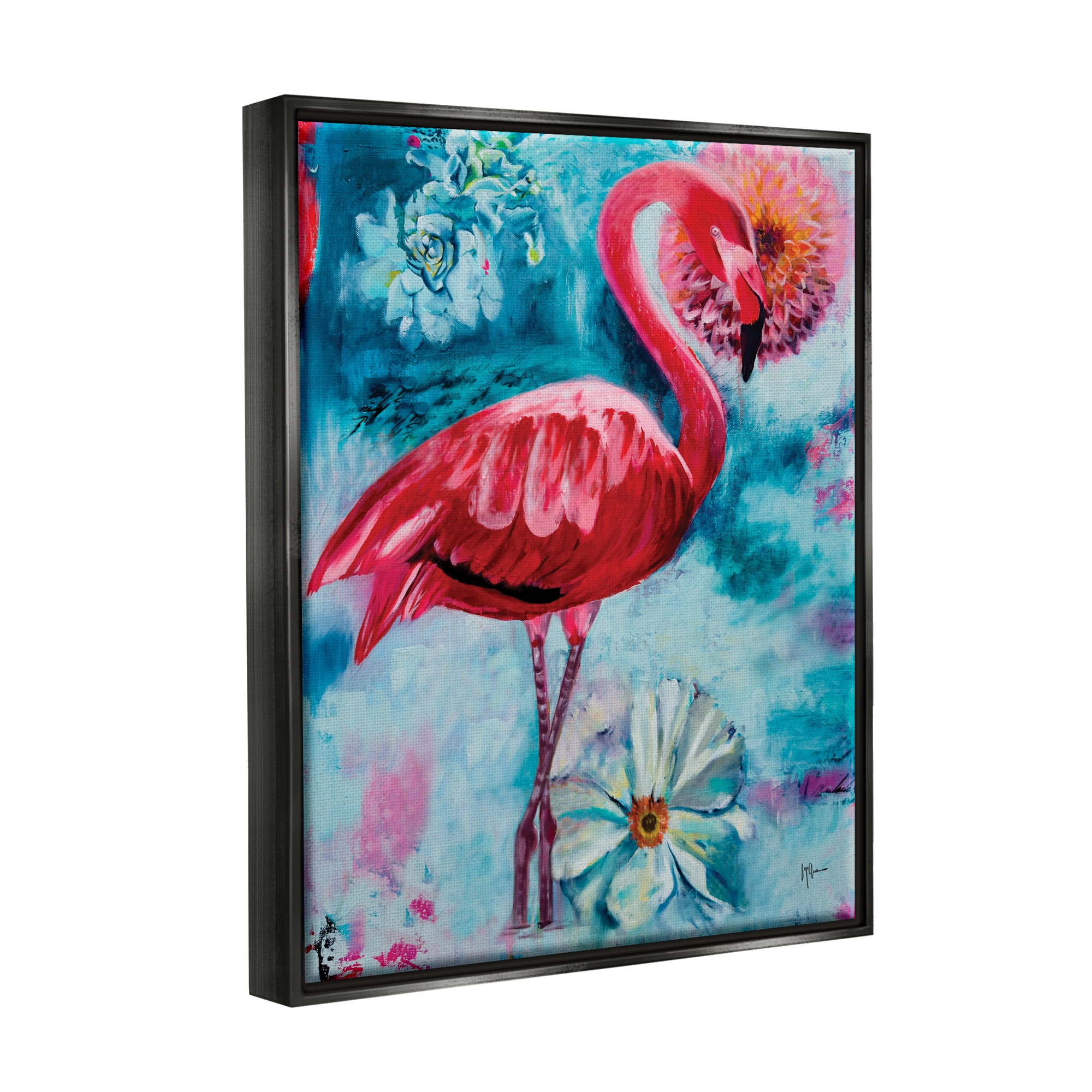 Stupell Industries Modern Flamingo & Blooms Animals & Insects Painting Black Floater Framed Canvas Art Print Wall Art, 25 x 31